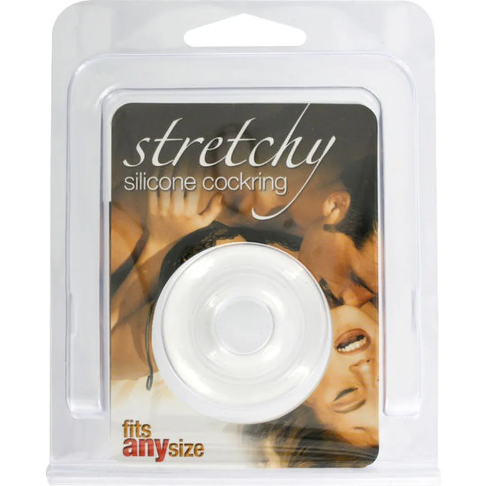 Anneau pénien transparent de forme ronde et simple, en silicone souple, photographié sur fond blanc