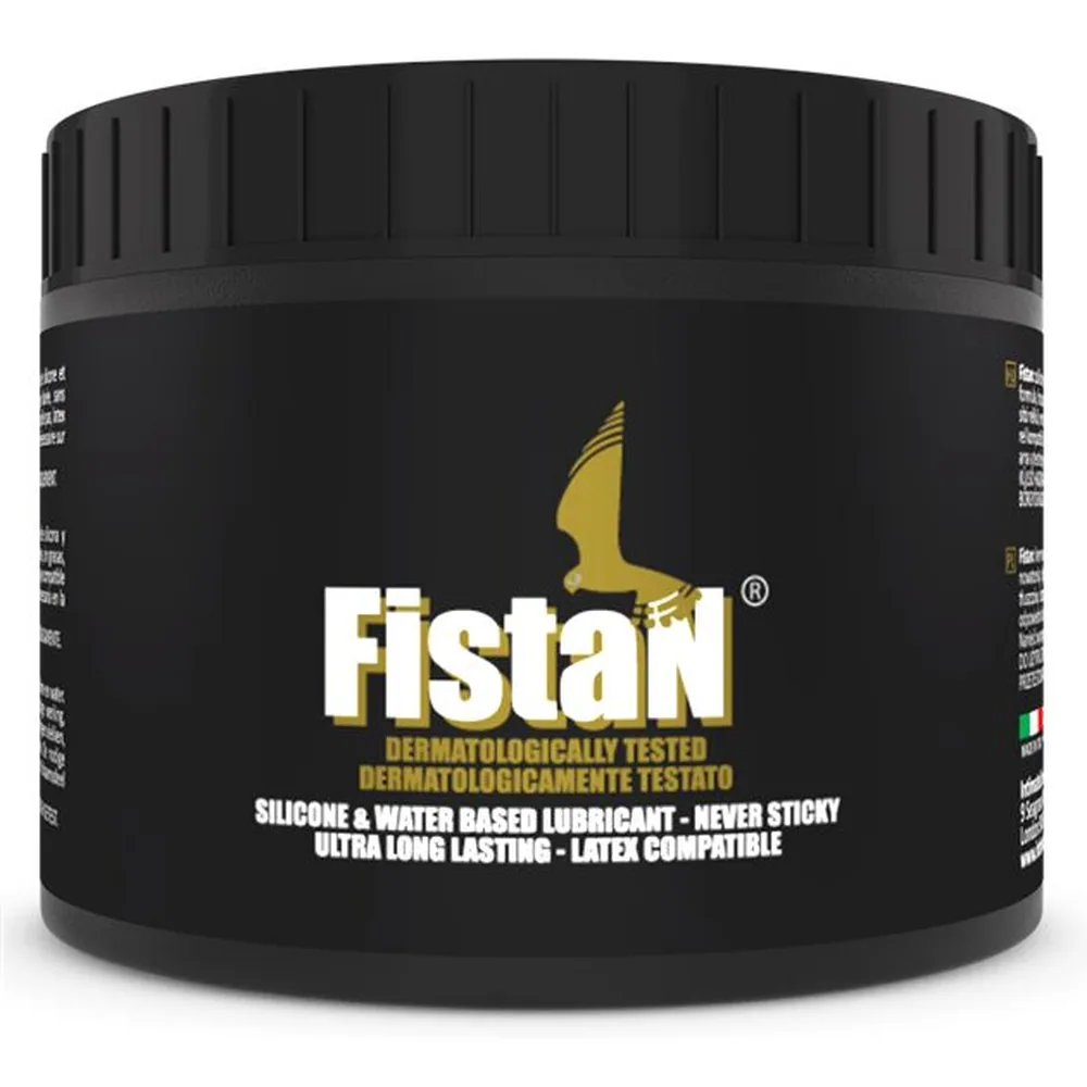 Pot noir avec bouchon à vis du lubrifiant anal Fistan, étiquette dorée et blanche indiquant formule silicone et eau, compatible latex