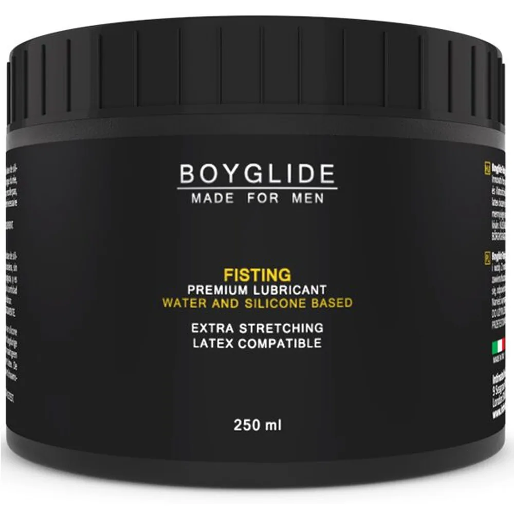 Pot noir de lubrifiant Boyglide Fisting 250 ml, avec bouchon à vis, étiquette blanche indiquant formule hybride eau et silicone, compatible latex