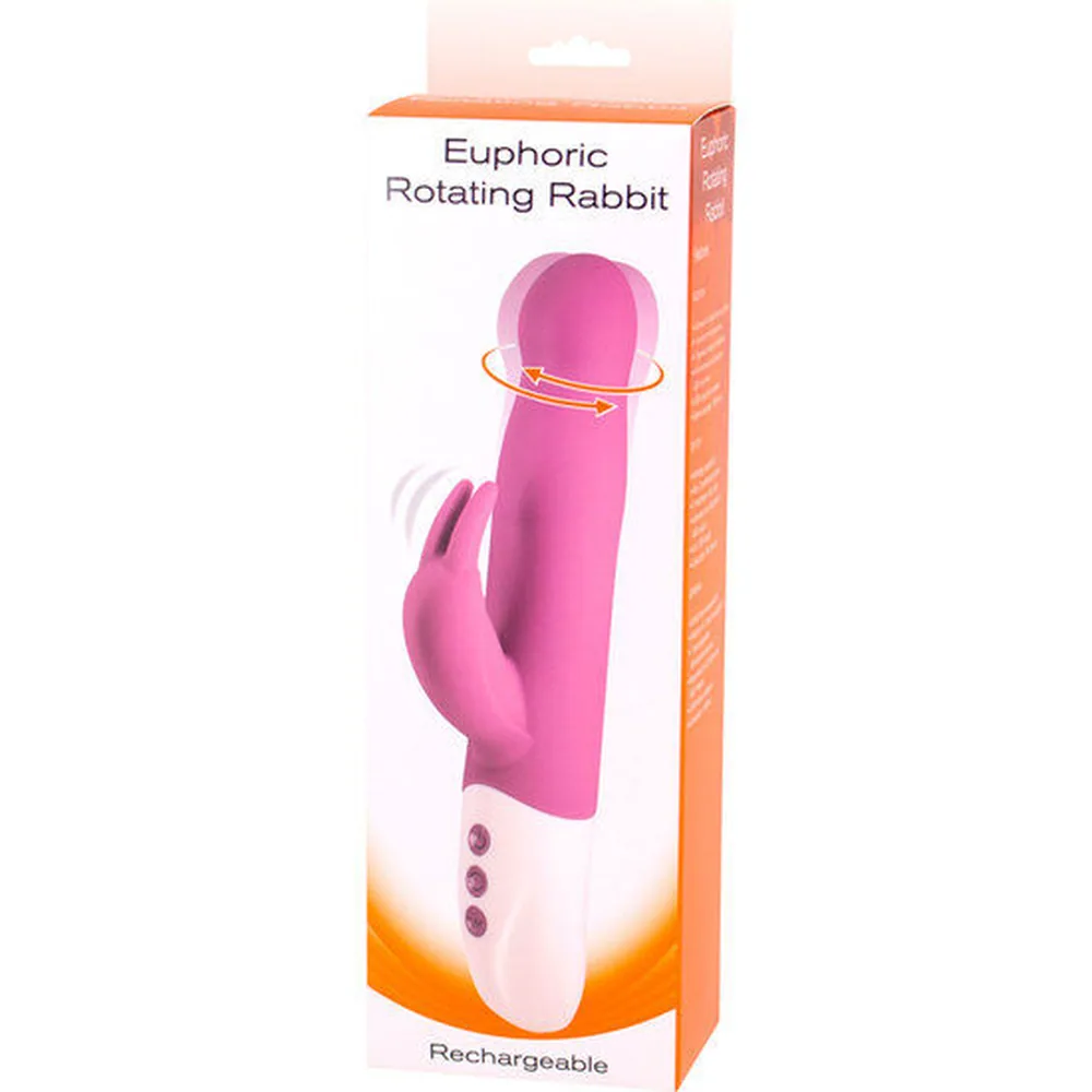 Vibromasseur rose fuchsia avec appendice lapin en relief, base blanche avec trois boutons de contrôle, fond blanc