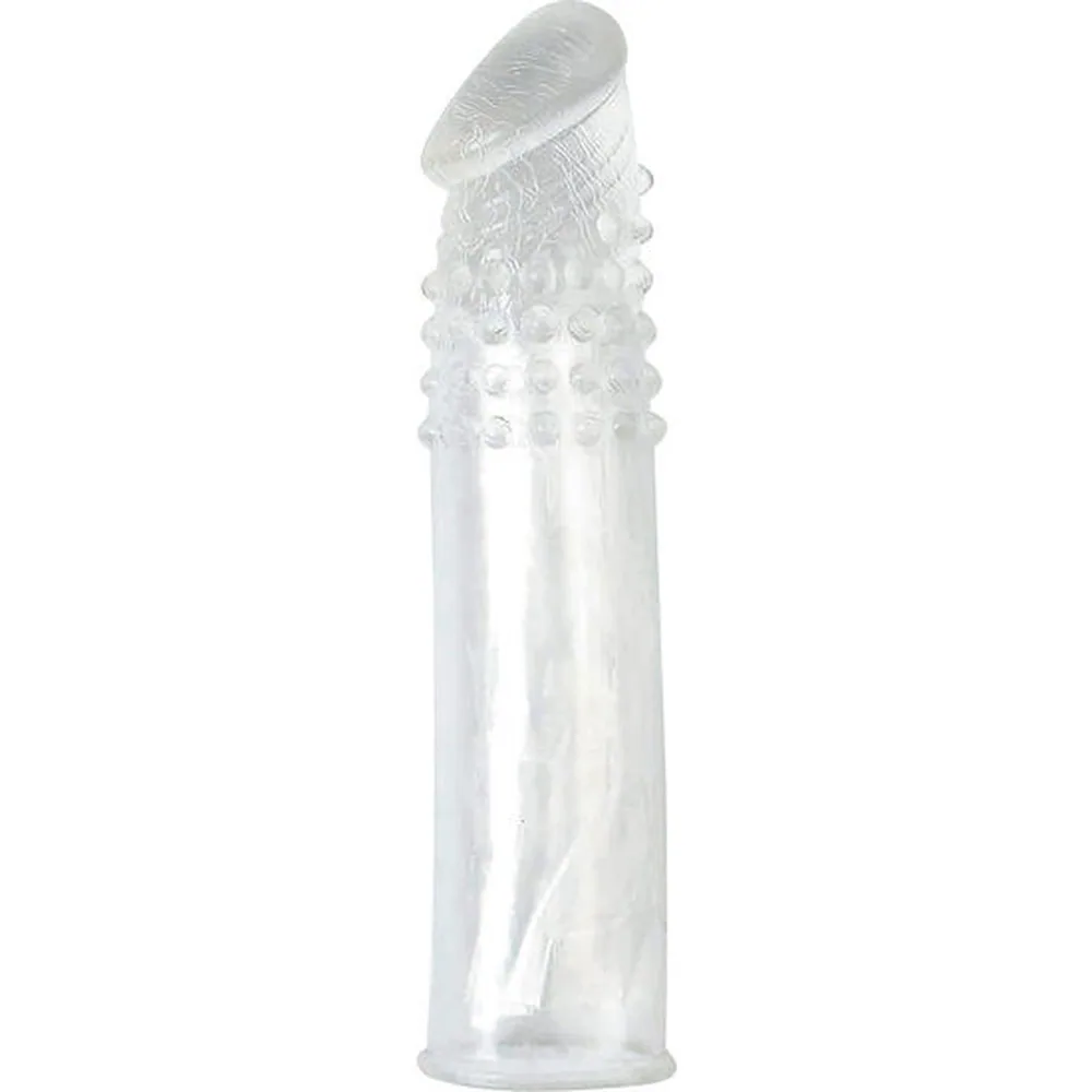 Extension de pénis en silicone transparent, à tête élargie texturée de picots et corps lisse cylindrique sur fond blanc