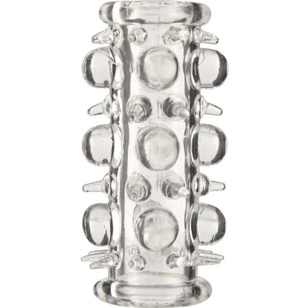 Gaine transparente en silicone avec perles en relief disposées en rangées régulières autour du tube, sur fond blanc