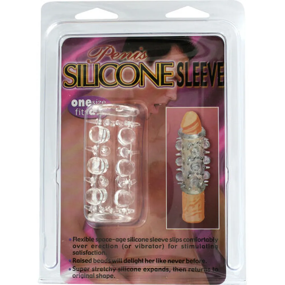 Gaine transparente en silicone avec perles en relief disposées en rangées régulières autour du tube, sur fond blanc