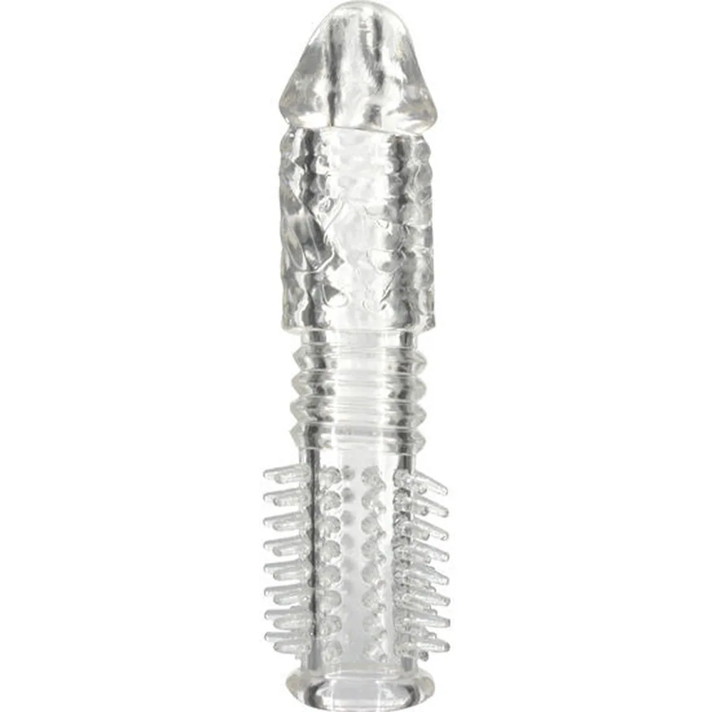 Couvre-pénis en silicone transparent avec picots en relief sur la partie inférieure et zone texturée ondulée en haut, embout arrondi, sur fond blanc