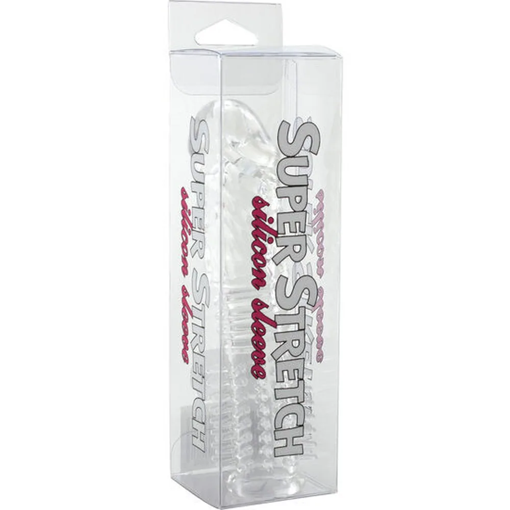 Couvre-pénis en silicone transparent avec picots en relief sur la partie inférieure et zone texturée ondulée en haut, embout arrondi, sur fond blanc