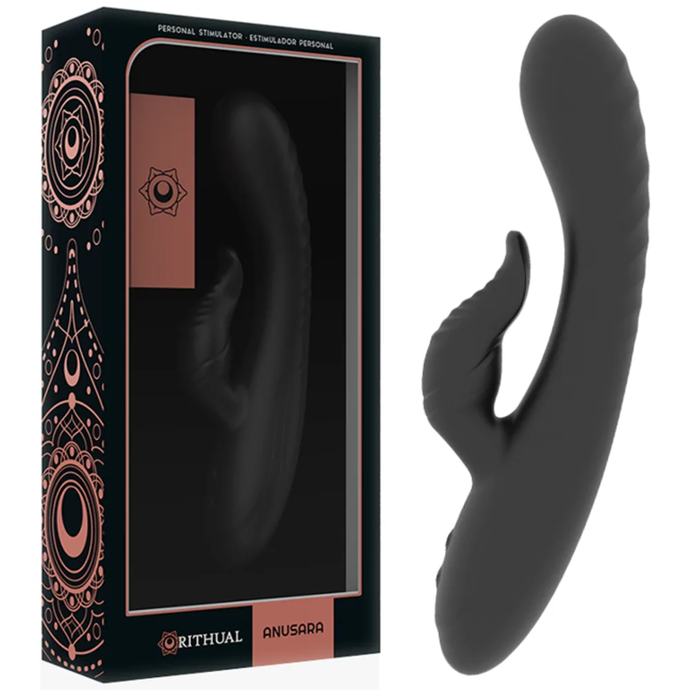 Vibromasseur rabbit noir en silicone avec tige courbe large et bras clitoridien flexible articulé, sur fond blanc