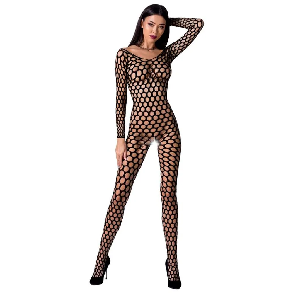 Bodystocking noir à mailles larges ajourées, manches longues, porté de profil sur fond blanc avec ouverture à l'entrejambe