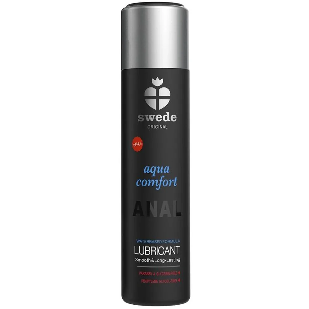 Flacon de lubrifiant anal Swede Original Aqua Comfort, format spray avec bouchon argenté, étiquette noire avec inscriptions bleues et rouges, base eau sans glycérine ni parabènes
