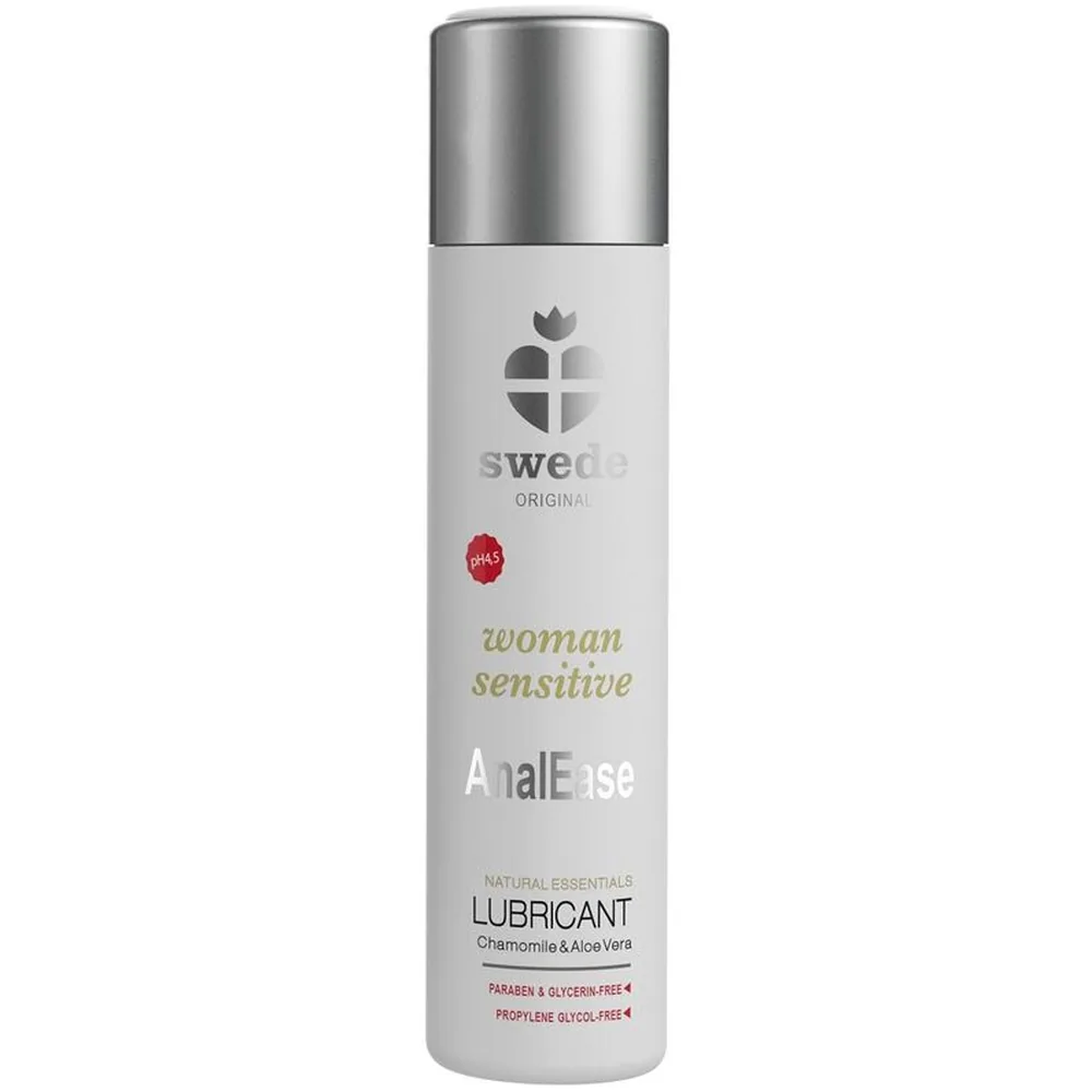 Flacon blanc et argent de lubrifiant anal Swede Woman Sensitive, 60 ml, avec étiquette mentionnant chamomille et aloe vera, sans paraben ni glycérine