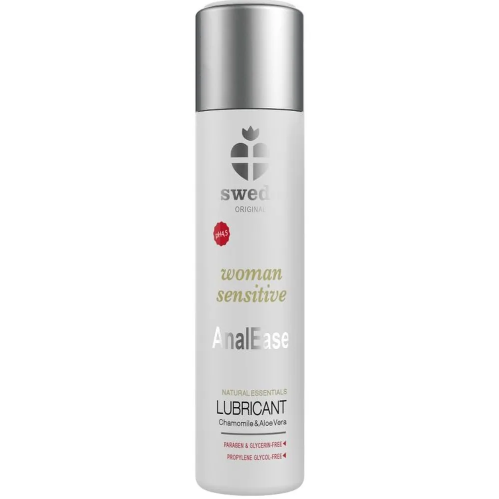 Flacon blanc et argent de lubrifiant anal Swed, 120 ml, étiquette indiquant Woman Sensitive AnalEase avec mentions paraben et glycérine free