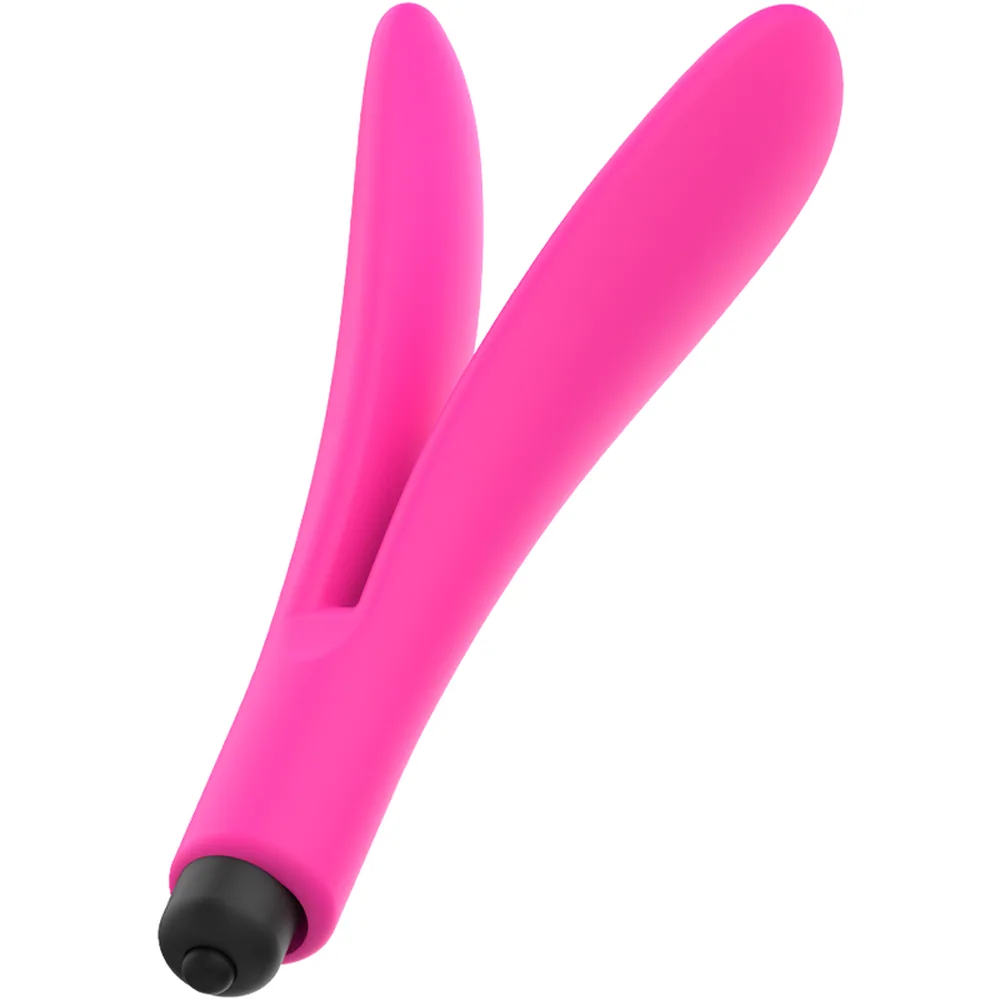 Vibromasseur rose vif avec deux branches arrondies et moteur noir à la base, sur fond blanc