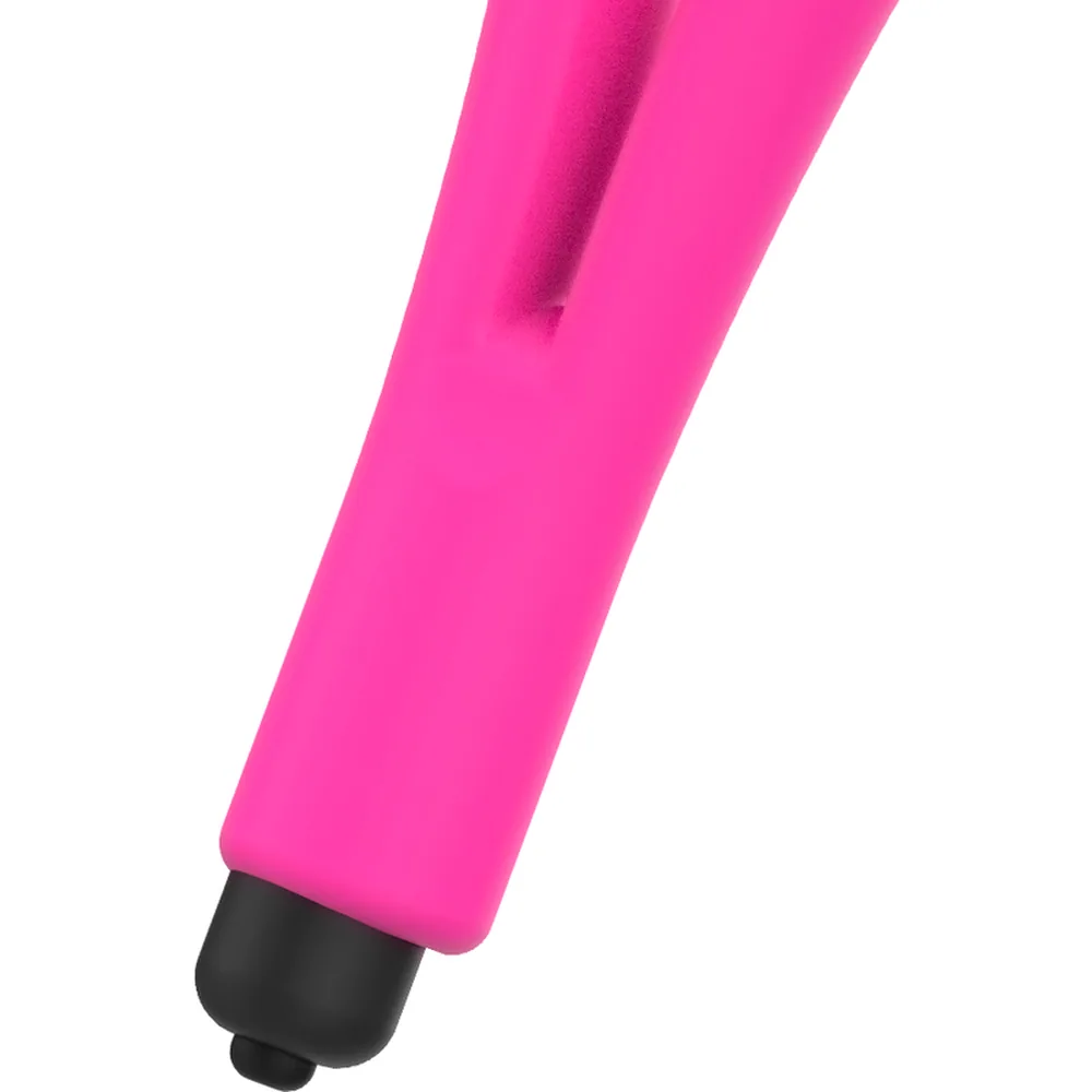 Vibromasseur rose vif avec deux branches arrondies et moteur noir à la base, sur fond blanc