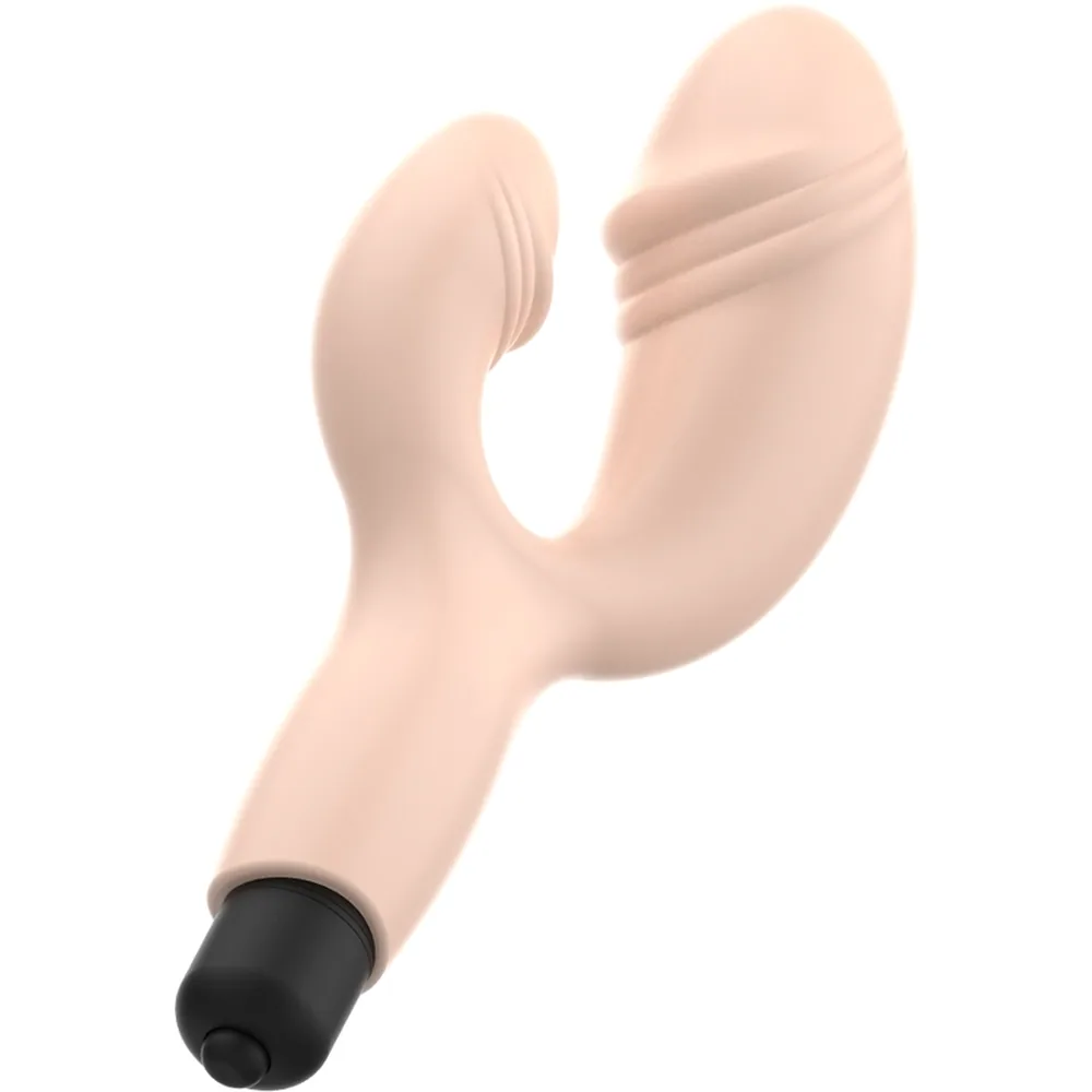 Vibromasseur rabbit en silicone beige clair avec oreilles courtes, branche externe courbée et base noire, sur fond blanc