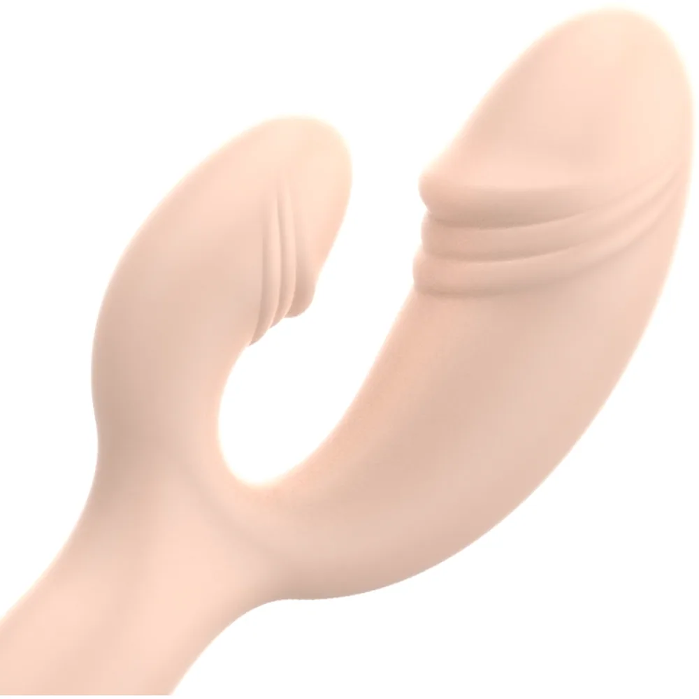 Vibromasseur rabbit en silicone beige clair avec oreilles courtes, branche externe courbée et base noire, sur fond blanc