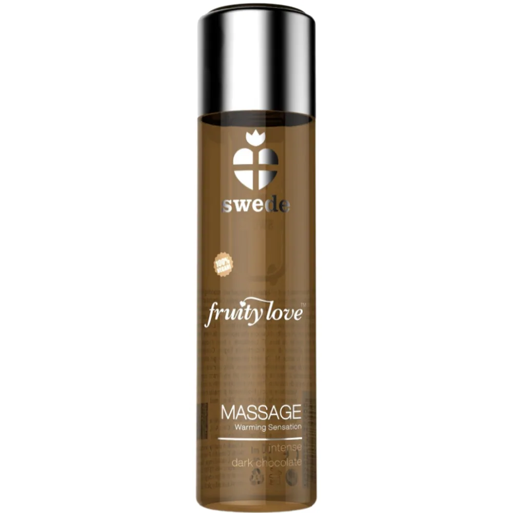 Flacon d'huile de massage Fruity Love chocolat noir intense, avec capuchon et distributeur argentés, étiquette marron sur fond blanc
