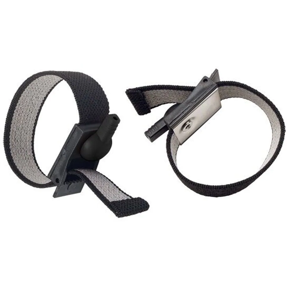 Deux bandes en tissu conducteur noir et gris avec boucles velcro ajustables et fermoirs métalliques, conçues pour une ajustabilité personnalisée