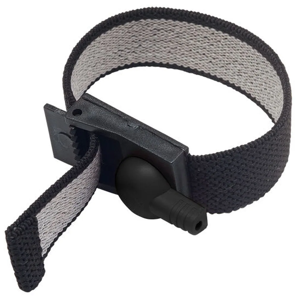 Deux bandes en tissu conducteur noir et gris avec boucles velcro ajustables et fermoirs métalliques, conçues pour une ajustabilité personnalisée