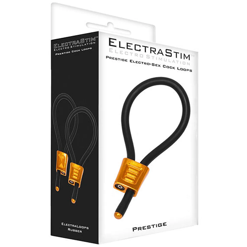 Boucle d'électro-stimulation noire avec connecteur doré carré, ajustable, sur fond blanc