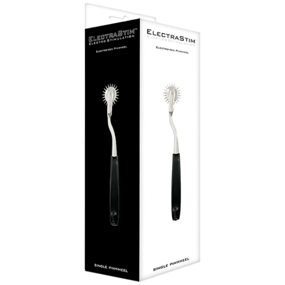 Pinwheel électrifié à tige courbée chromée, tête piquante circulaire radiée et manche noir sur fond blanc