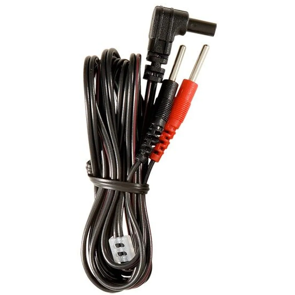 Câble de connexion noir avec connecteur coudé et deux embouts métalliques à gaines rouge et noir, enroulé et retenu par un velcro gris
