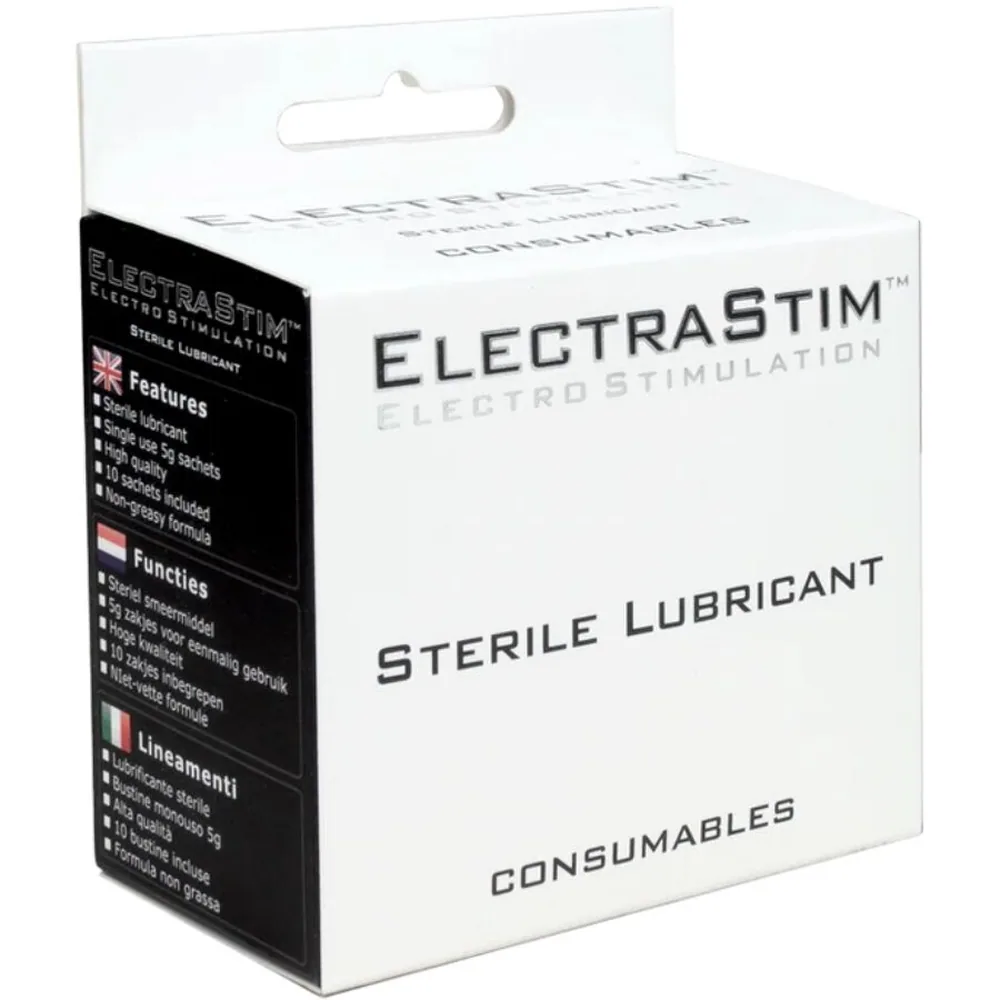 Boîte blanche et noire d'emballage Electrastim Sterile Lubricant Consumables, lubrifiant stérile en dosettes individuelles avec bandeau de suspension