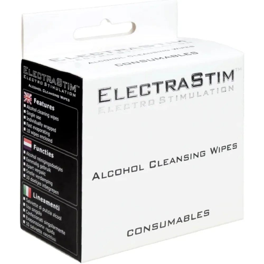 Boîte blanche ElectraStim Alcohol Cleansing Wipes avec bandeau noir listant les caractéristiques, lingettes nettoyantes à l'alcool isopropylique individuelles