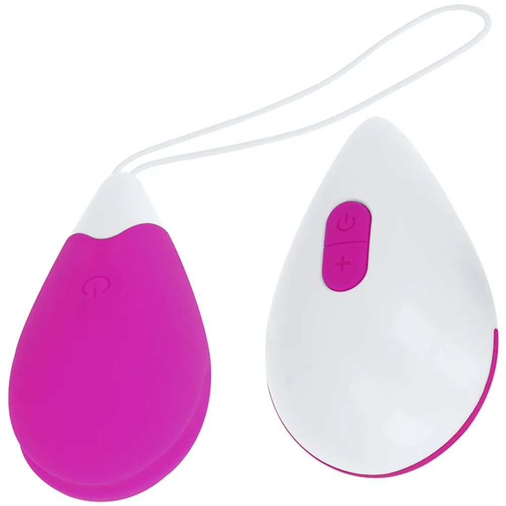 Œuf vibrant blanc et fuchsia avec télécommande sans fil blanche, vue de trois angles montrant la forme compacte et le bouton de contrôle sur fond blanc