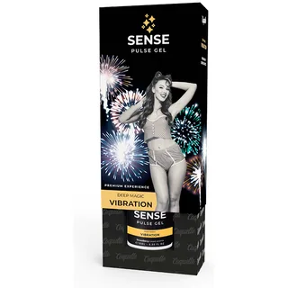 Boîte noire du gel vibrant Sense Pulse avec photo en noir et blanc d'une femme en lingerie filet, motifs de feux d'artifice colorés, bandeau doré Deep Magic Vibration