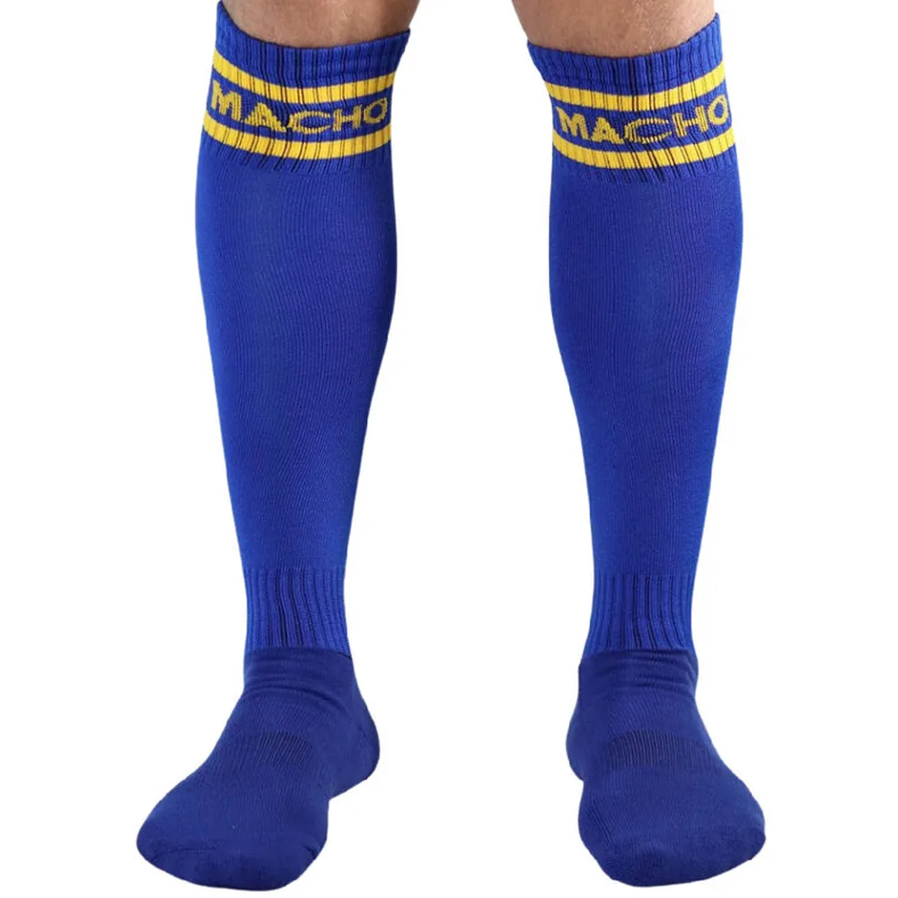 Chaussettes longues bleu roi avec bande de maintien jaune et bleu au mollet, motif texte sur la bande, vue portée de face