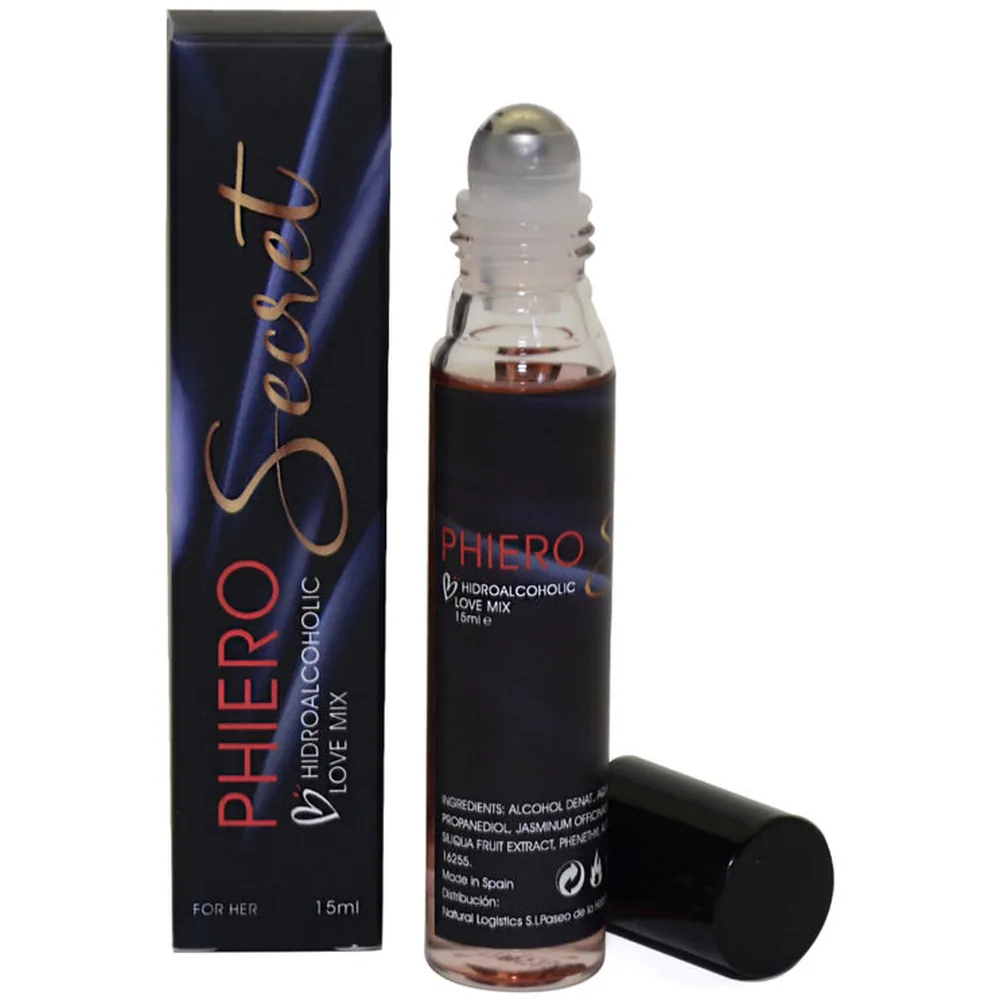 Flacon roll-on transparent de 15 ml contenant un liquide ambré, avec bouchon noir, accompagné de son emballage bleu et noir portant le nom Phiero Secret et la mention hydroalcoolique