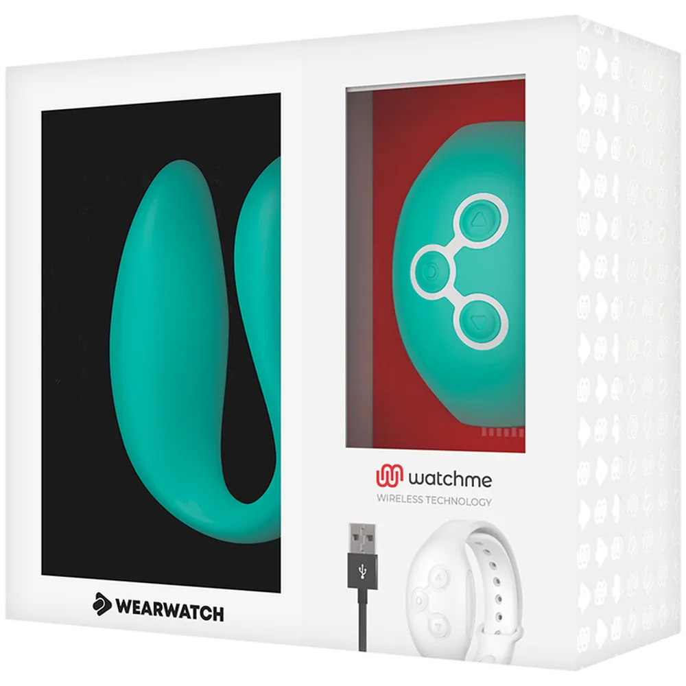 Trois vibromasseurs turquoise de la marque Watchme affichés avec leurs emballages et une montre connectée de contrôle, sur fond blanc avec câble USB de recharge visible