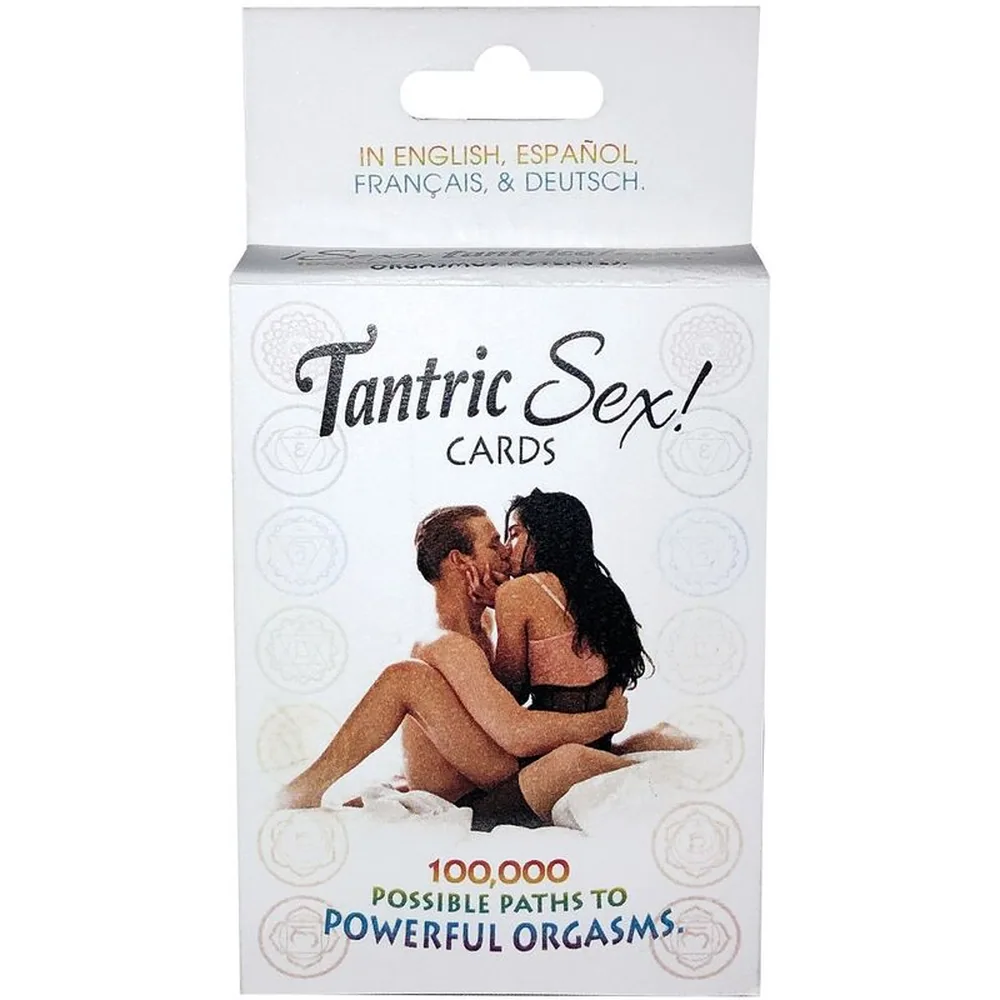 Boîte de jeu de cartes Tantric Sex avec cinq cartes colorées étalées et livret d'instructions, sur fond blanc