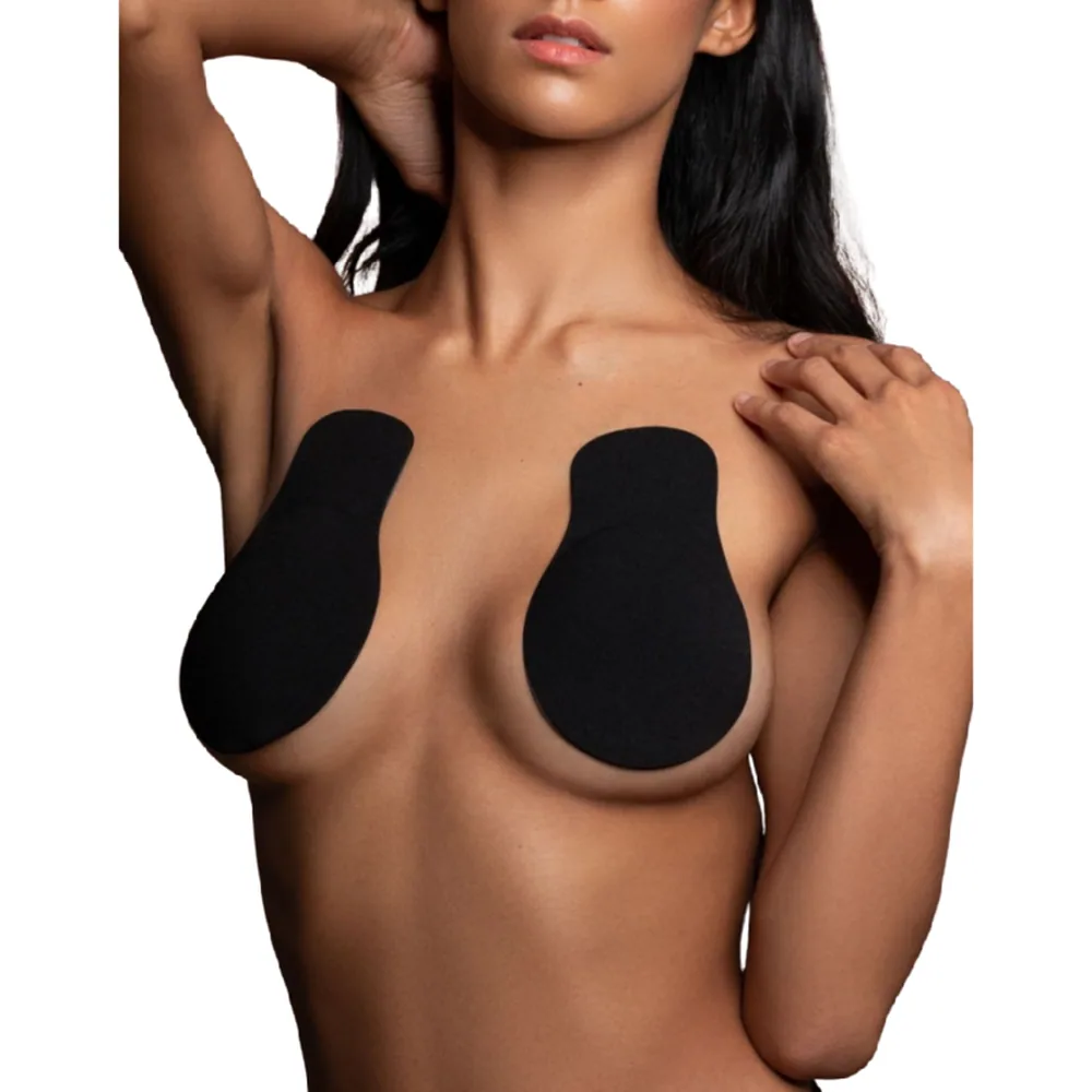 Deux coques adhésives noires en tissu, arrondies et épaisses, avec bords fins et col dégagé, sur fond blanc