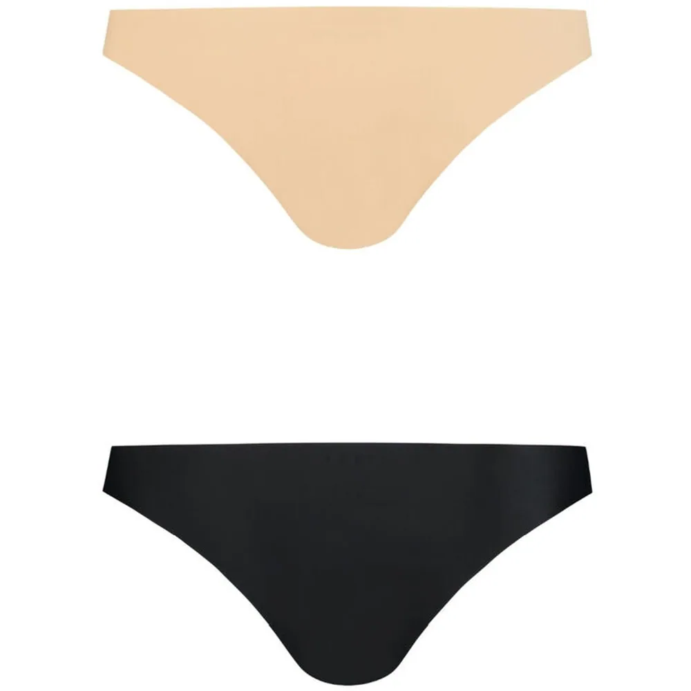 Deux culottes brésiliennes sans couture, l'une beige clair et l'autre noire, présentées côte à côte sur fond blanc
