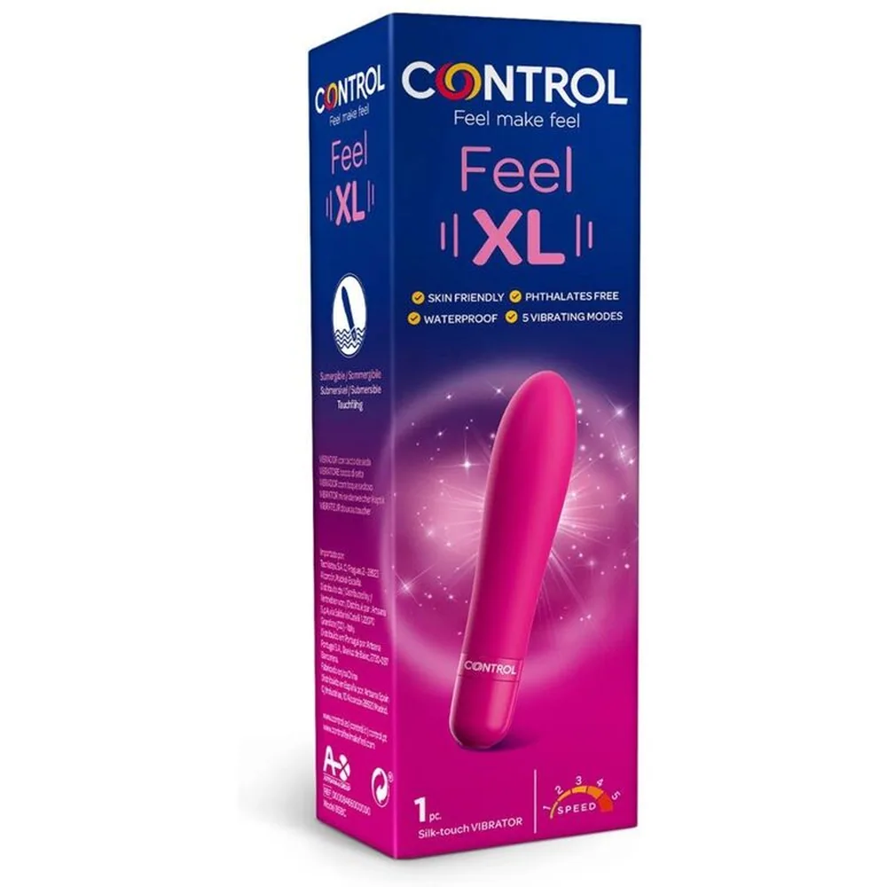 Boîte de vibromasseur Control Feel XL rose fuchsia, emballage bleu et rose montrant le produit et ses caractéristiques
