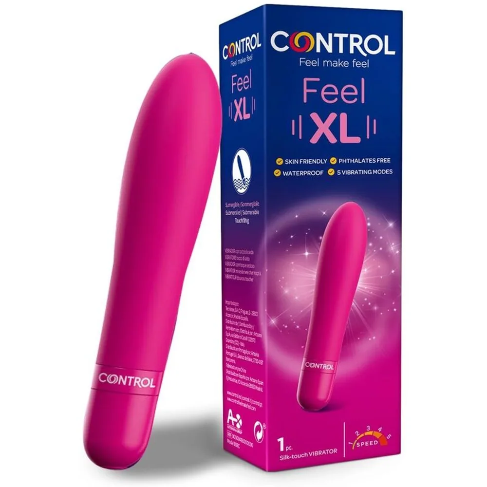 Boîte de vibromasseur Control Feel XL rose fuchsia, emballage bleu et rose montrant le produit et ses caractéristiques
