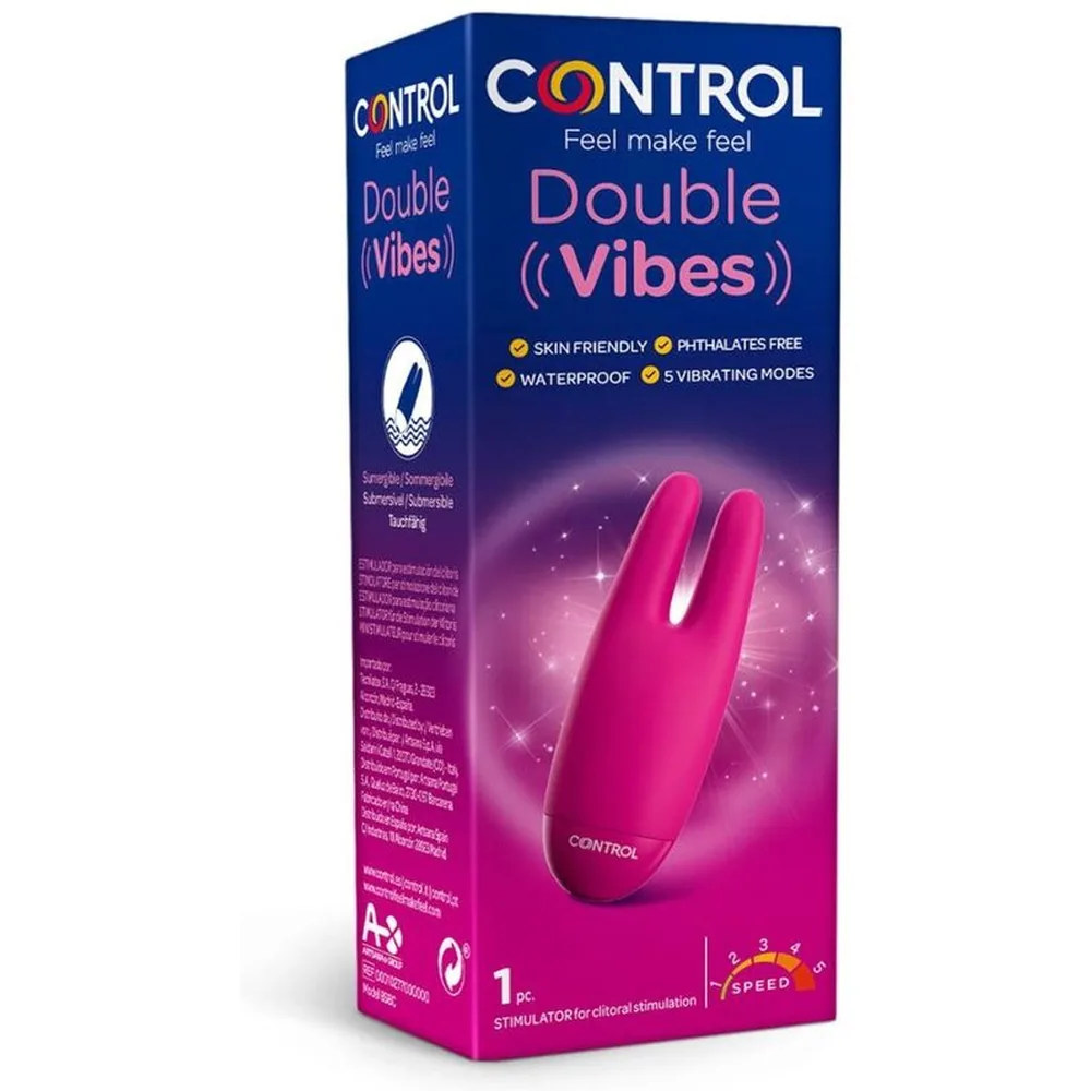 Emballage du stimulateur clitoridien Double Vibes Control rose fuchsia, avec deux branches vibrantes visibles et mentions de 5 modes de vibration et imperméabilité
