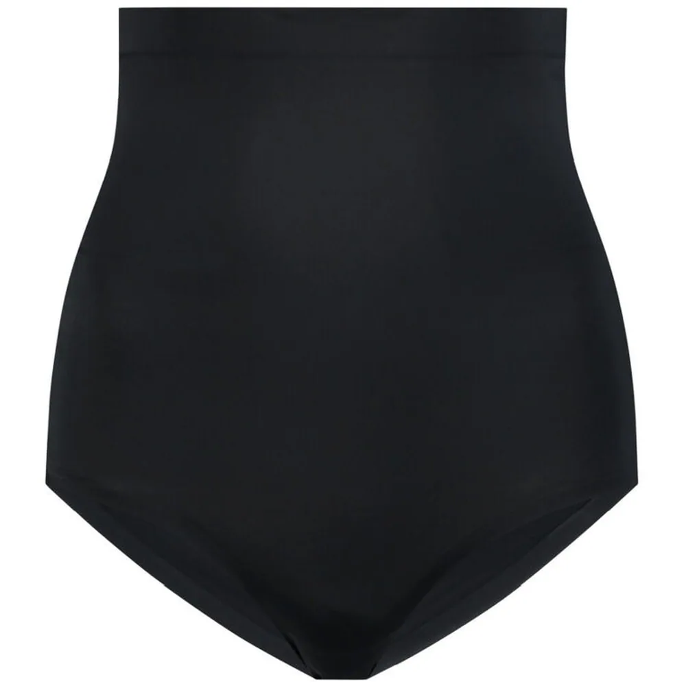 Culotte noire sans couture taille haute vue de dos, coupe gainante avec gousset, silhouette épurée sur fond blanc