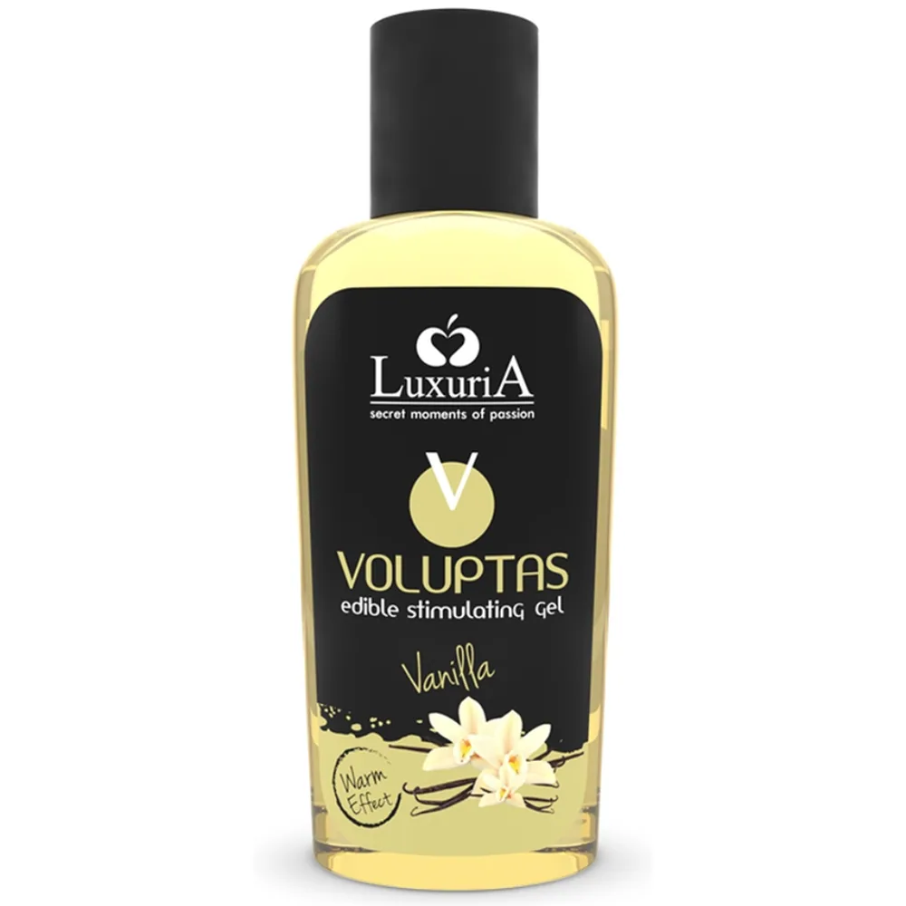 Flacon de gel de massage comestible Voluptas saveur vanille, liquide jaune clair avec étiquette noire et dorée, capuchon noir vissé