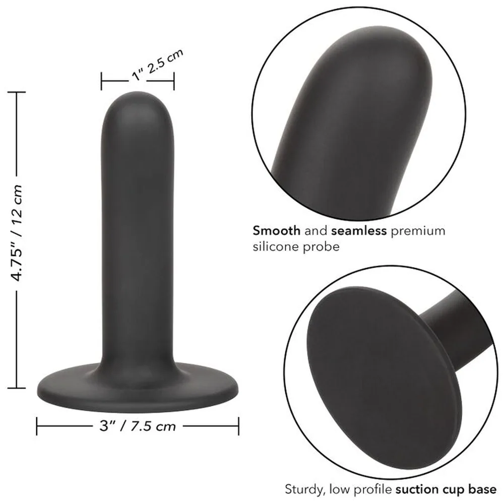 Schéma technique du gode en silicone noir avec dimensions : 12 cm de hauteur, 2,5 cm de largeur et base de 7,5 cm. Détails agrandis montrant la surface lisse et sans couture, et la base plate avec ventouse