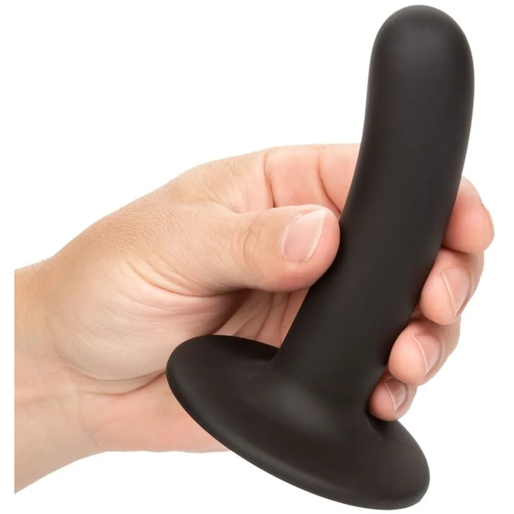 Schéma technique du gode en silicone noir avec dimensions : 12 cm de hauteur, 2,5 cm de largeur et base de 7,5 cm. Détails agrandis montrant la surface lisse et sans couture, et la base plate avec ventouse