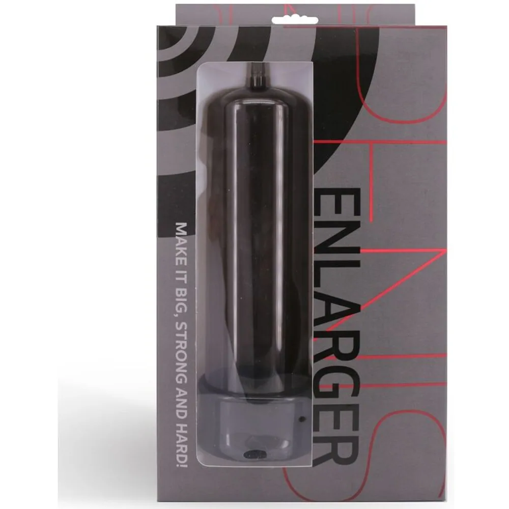 Pompe à pénis avec cylindre transparent teinté de gris, base noire, tube flexible noir et poire d'aspiration noire, sur fond blanc
