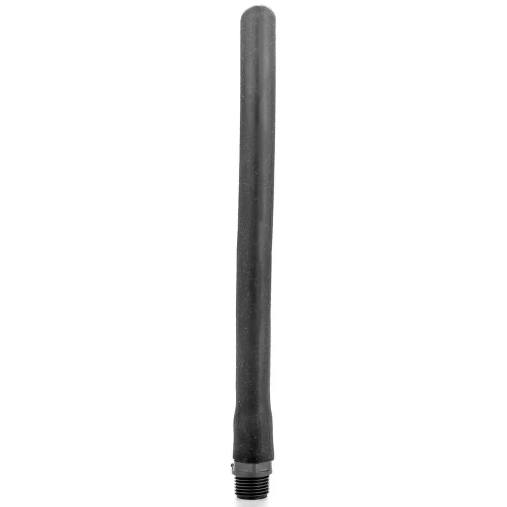Douche anale en silicone noir, profil cylindrique lisse avec embout arrondi et filetage métallique à la base, sur fond blanc