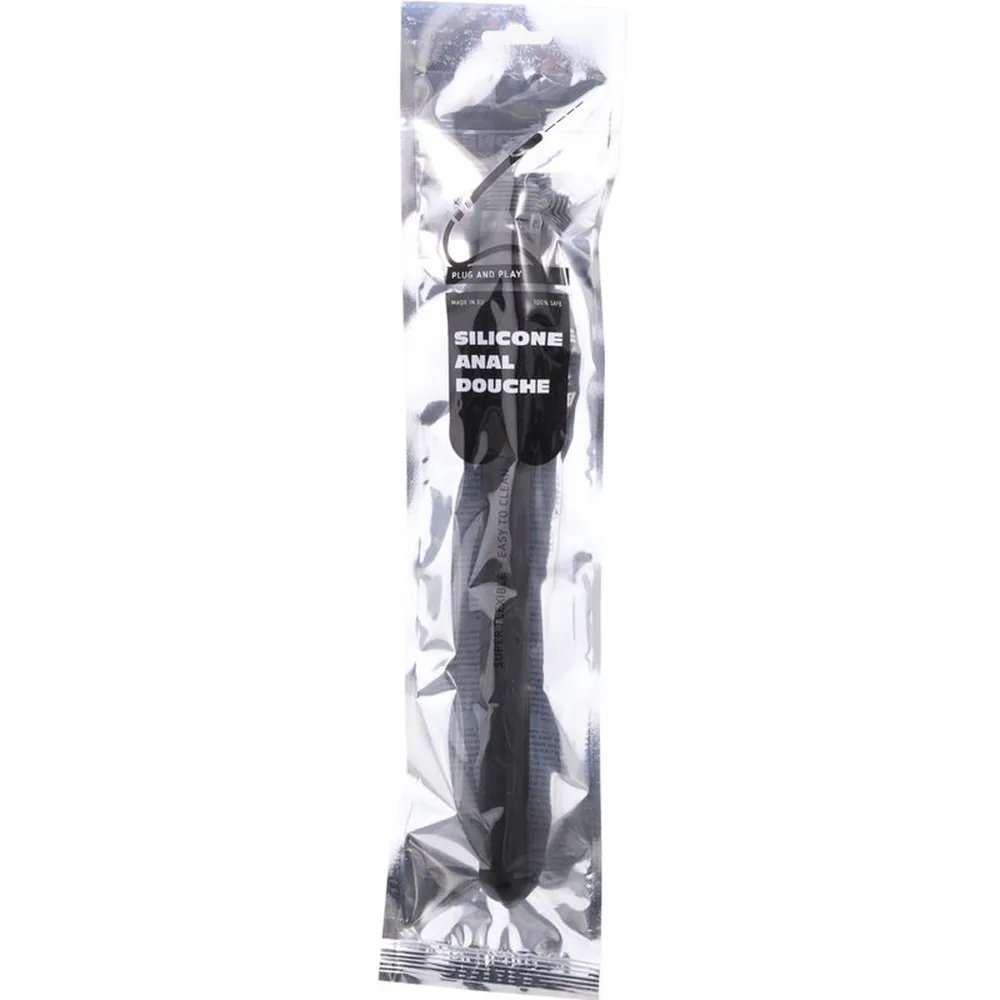 Douche anale en silicone noir, profil cylindrique lisse avec embout arrondi et filetage métallique à la base, sur fond blanc