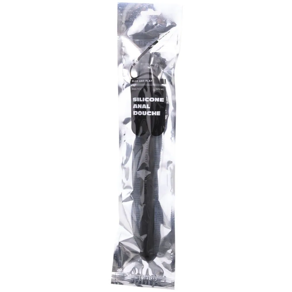 Douche anale en silicone gris anthracite avec canule longue cylindrique et embout bulbeux en haut, filetage métallique visible à la base