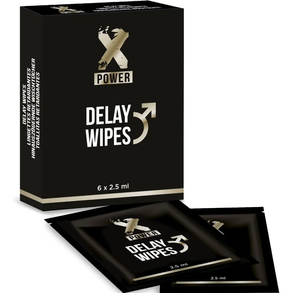 Boîte noire X Power Delay Wipes avec logo or, contenant 6 lingettes individuelles noires de 2,5 ml alignées devant l'emballage