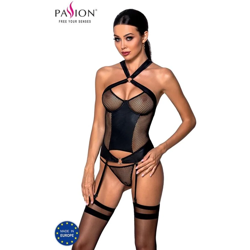 Corset noir avec bandes de cuir écologique et panneaux de maille, armatures aux bonnets, bretelles réglables en chaîne, porte-jarretelles intégré et string assorti