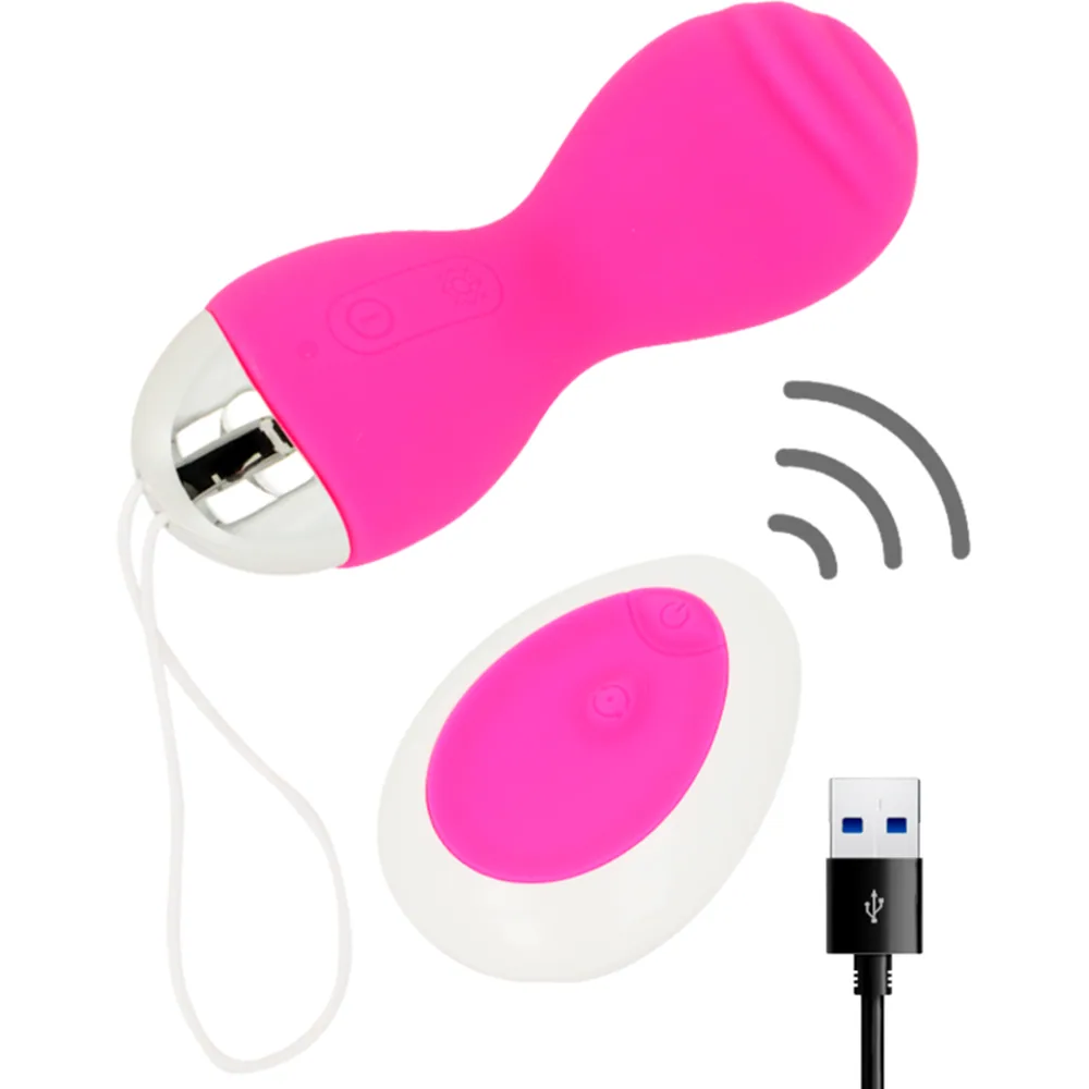 Œuf vibrant rose avec corps flexible et embout blanc, accompagné d'une télécommande blanche et d'un câble USB de recharge