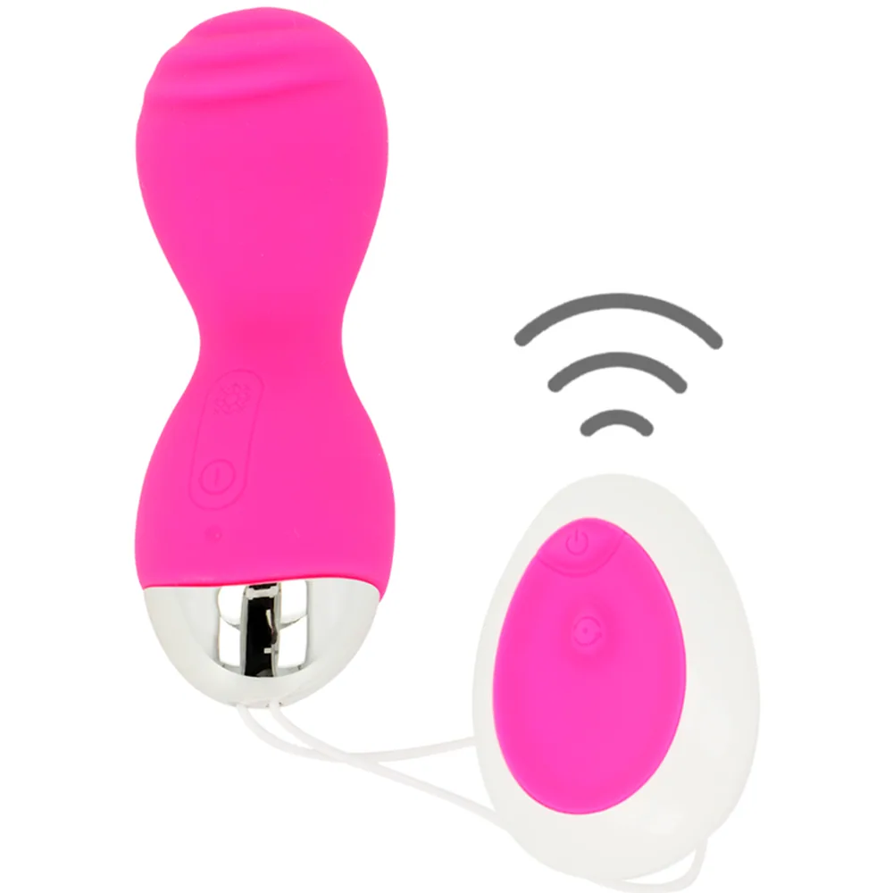Œuf vibrant rose avec corps flexible et embout blanc, accompagné d'une télécommande blanche et d'un câble USB de recharge