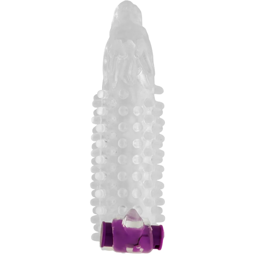 Gaine transparente avec picots denses couvrant toute la surface, base violette avec contrôle vibrant intégré, sur fond blanc